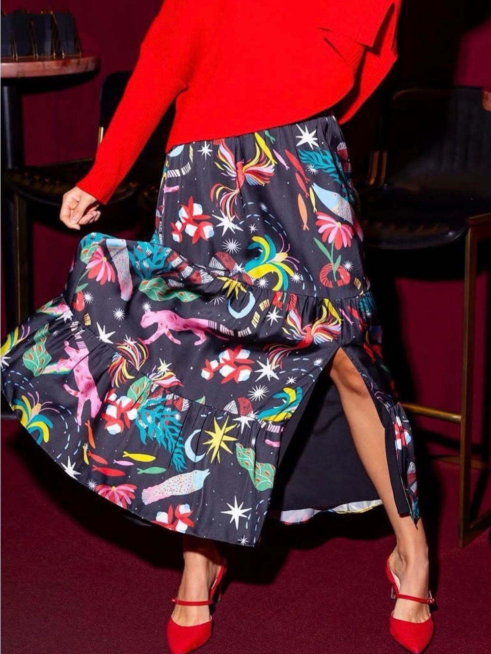 Black Maxi Skirt with Colorful Floral & Motif Print
